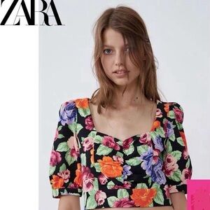 Zara Floral Printed Poplin Cropped Top Colors Floral Puffy Sleeves Cute Top